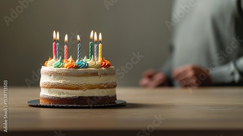 Layered Cake with Candles and Person in Background