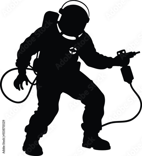 Silhouette of a hazmat suit worker using a decontamination spray gun