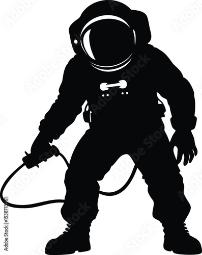Silhouette of an Astronaut with a Cord in Hand on White Background