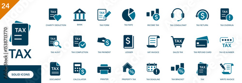 Tax icon. Tax form, finance, accounting, income tax, tax overrun, economy. Solid vector icons collection.
