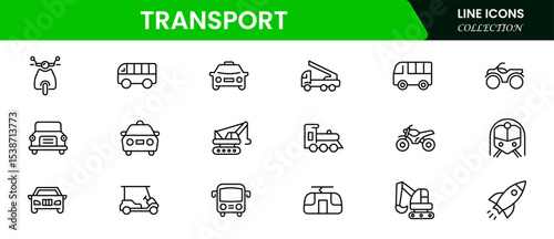 Dynamic vector web line icons depicting transport, vehicles, logistics, travel, and infrastructure for seamless mobility and global connectivity solutions.