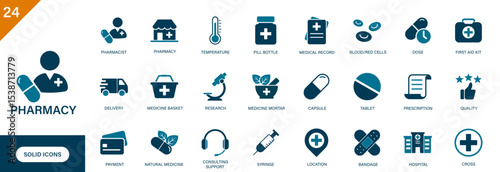 Pharmacy icon. Medicine basket, pill bottle, capsule, dose, tablet, pharmacist, medical. Solid vector icons collection.