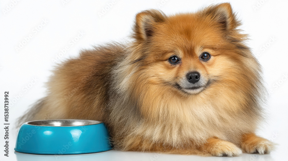 Obraz premium Pomeranian dog sitting next to a bowl of food, isolated on a white background.