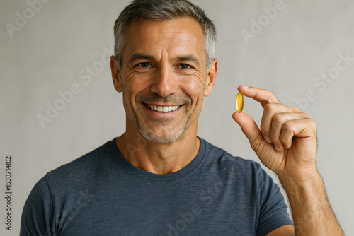 A middle-aged caucasian man smiles while holding a golden softgel capsule, conveying a sense of health and wellness in a bright, neutral setting