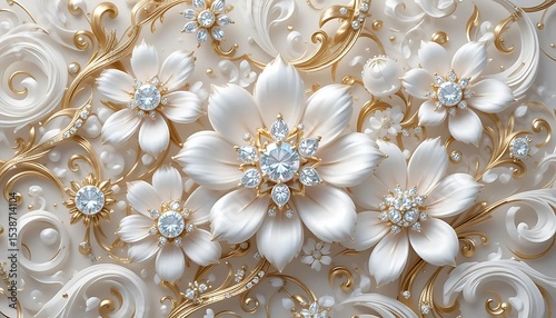 Elegant white flowers with gold accents and crystal embellishments in luxurious 3D style. Perfect for wedding decor, luxury branding, or background designs.