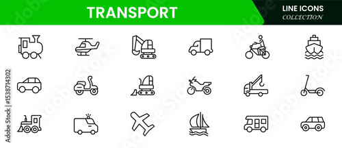 Dynamic vector web line icons depicting transport, vehicles, logistics, travel, and infrastructure for seamless mobility and global connectivity solutions.