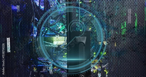 Fading Cyber Security text and HUD graphic emerging on server panel beam sweeping for protection