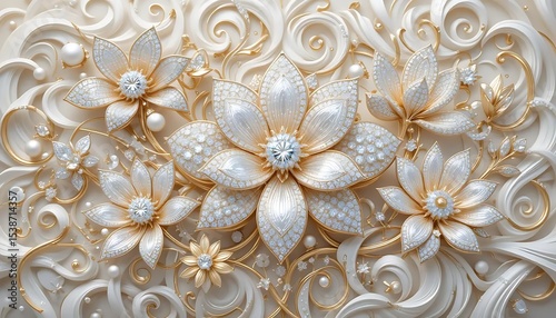 Elegant white flowers with gold accents and crystal embellishments in luxurious 3D style. Perfect for wedding decor, luxury branding, or background designs.