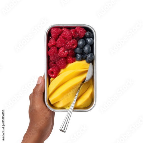 Bright and delicious fruit bowl features vibrant mango slices alongside fresh raspberries and blueberries, ready to enjoy. Hand is positioned to serve this healthy treat.