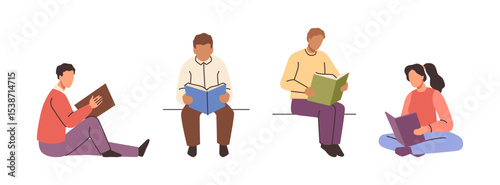 Characters reading books, students preparing for exams. Vector isolated people enjoying textbooks, literature education and studying. Personages doing exercises, bookworm hobby of men and women