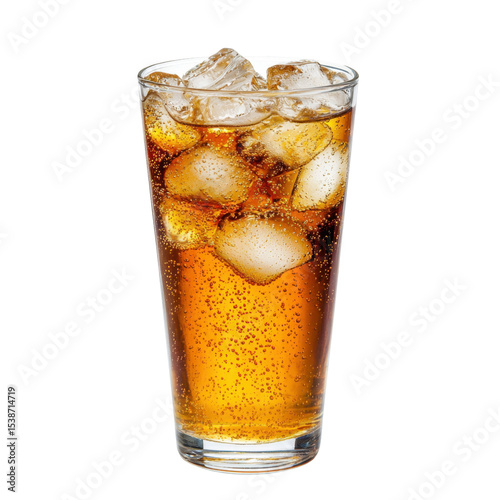 Refreshing Carbonated Drink with Ice Cubes in Clear Glass Close-up on White Background transparent background