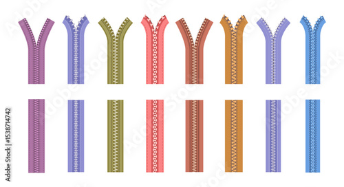 Clothes zippers and pullers for connecting and fastening piece of clothes. Vector in flat style, isolated set of modern or retro realistic clothing accessories of locks. Fasteners for garments