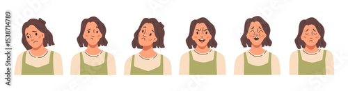 Female character expressing sadness and negative emotions. Vector in flat style, isolated woman feeling down or upset. Sadness mimics and running tears, avatar or portrait of young girl