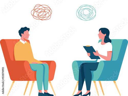 Professional therapy session between psychologist and patient, mental health consultation, counseling support concept, emotional healing and psychological care illustration