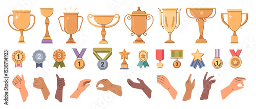 Medals and golden trophies and awards. Vector in flat style, isolated set of prizes and goblets for winners and champions. Hands of personages holding or taking object, motion or gesture