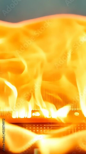Computer RAM module burning, releasing smoke, displaying memory chip destruction from overheating