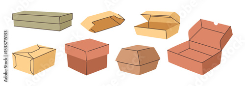 Bags and boxes for takeaway delivery. Vector in flat style, isolated set of eco packaging for food and dishes from shops and restaurants. Cardboard recyclable paper for take out products or orders