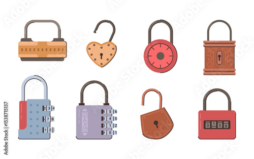 Locked and unlocked padlocks with codes, isolated set. Vector lock with keyhole in form of circle, heart and rectangle. Confidentiality and security of gates and lockers, storage units and luggage