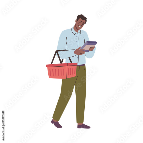 Man choosing products in grocery store. Vector in flat style, isolated male personage with shopping cart reading content of package with food. Consumer in hypermarket or supermarket shop
