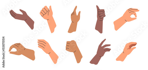 Giving or taking hand gestures set, isolated palms with fingers. Vector help or assistance sign, cartoon icons. Non verbal communication, body movements collection. Speech or convey emotions