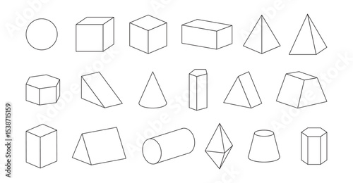 Geometric shapes with different bases. Vector circle and cube, rectangular and triangular, pentagonal and hexagonal parallelepipeds, truncated and regular cones and pyramids, cylinder and octahedron