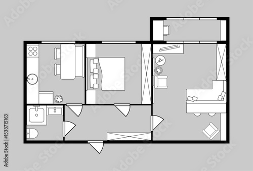 Floor plan of apartment, architectural design of rooms of house. Vector real estate dwelling with balcony and corridor, kitchen and bathroom. Furniture and decoration accessories on blueprint