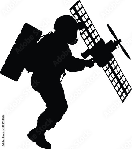 Silhouette of a futuristic soldier holding a satellite with a modular backpack