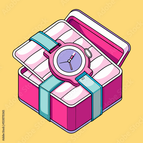 Top-Down Line Art of Wristwatch in Padded Gift Box