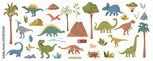 Prehistoric period animals, set of dinosaurs with trees and grasses. Vector dino triceratops and stegosaurus, Jurassic creatures and species with wings, fins and claws. Marine and land wild reptile