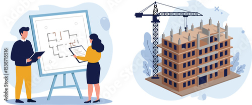 Architects and engineers reviewing blueprints for a new building project, overseeing construction site development, ensuring quality, and collaborating on urban planning  flat vector illustration