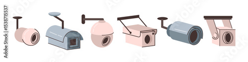 Security cam collection, isolated cctv video cameras. Vector devices for street observe surveillance front and side angle view. Secure guard and property protection, crime prevention
