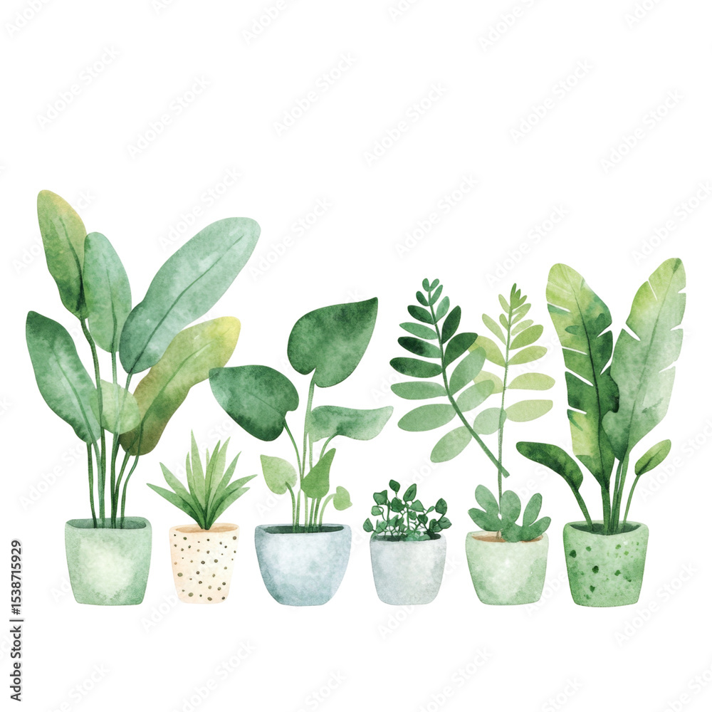 Obraz premium Watercolor plants pots, showcasing various green foliage and textures, create serene atmosphere
