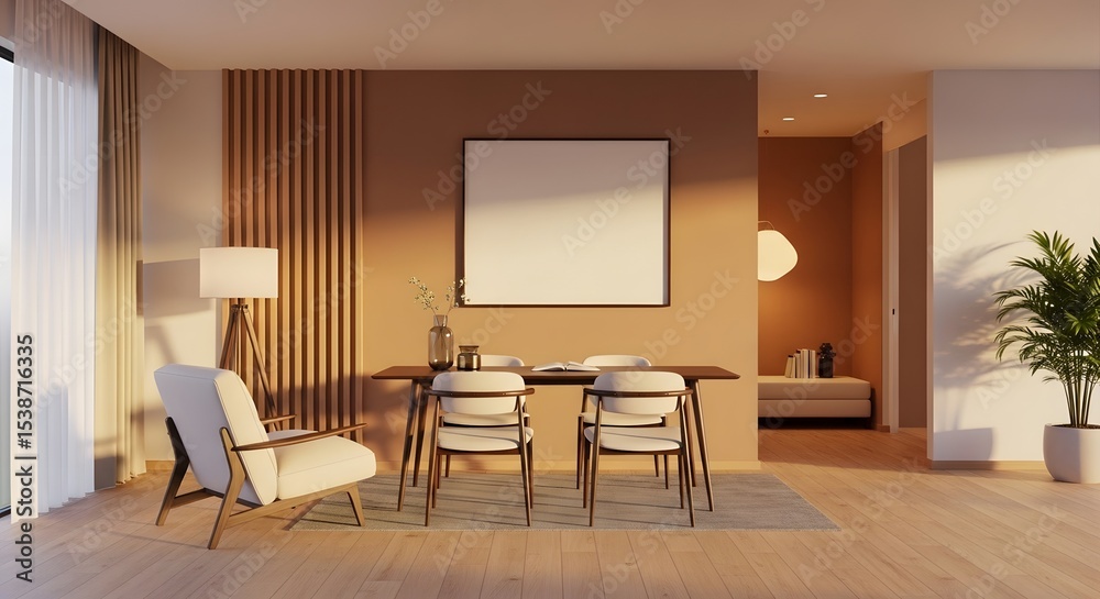 Fototapeta premium Warm-toned dining room with blank canvas, modern chairs, and natural light