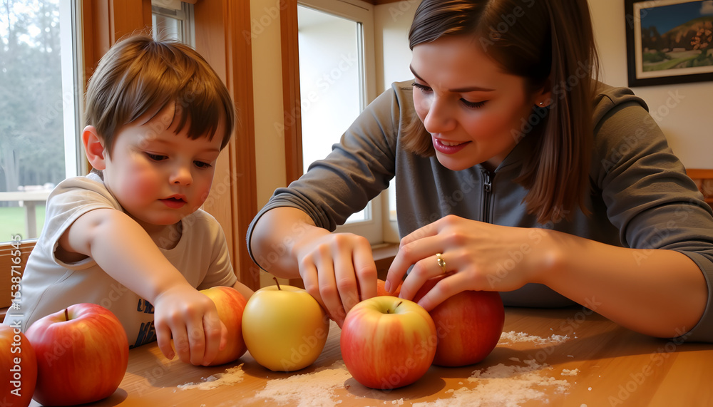 Fototapeta premium Woman and child arranging apples together on kitchen table 
