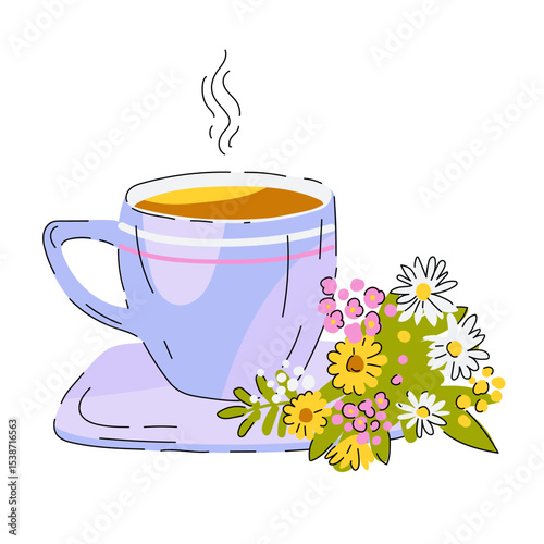 Light blue cup of tea on a saucer with a bouquet of wildflowers. Herbal tea. Hot drink. Vector illustration, isolated on white. Cute design. Cartoon