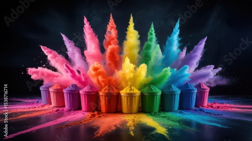 Vivid Color Explosion of Holi Powder Bursting from Buckets