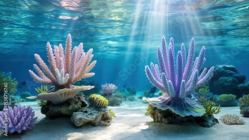 Sunlit Underwater Scene with Pink and Purple Staghorn Coral