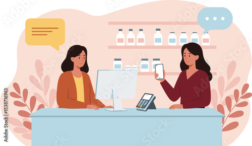 Friendly sales assistants providing excellent customer service, processing transactions at the counter, offering product  flat vector illustration