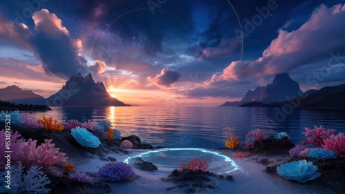 Fantasy Coral Shoreline with Sunset Glow and Towering Mountain Peaks