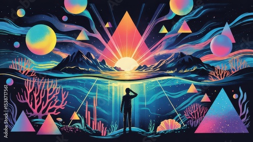 Retro Futuristic Seascape with Pyramids, Planets and Sunrise Horizon