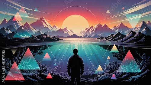 Geometric Sunset Over Stylized Mountains and Reflective Waterscape