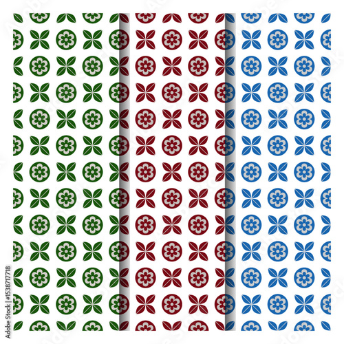 Seamless patterns with floral and leaf designs in green, red, and blue. Can be used for background, wallpaper, and other decorative applications.