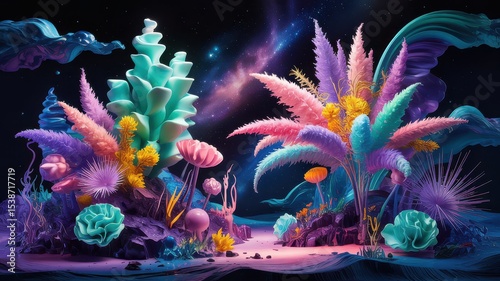 Neon Space Jungle with Surreal Flora Beneath a Starry Galaxy