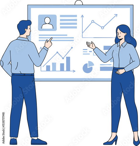 Business professionals presenting a project, analyzing data, discussing financial charts, and collaborating on strategic plans for successful company growth 

 flat vector illustration