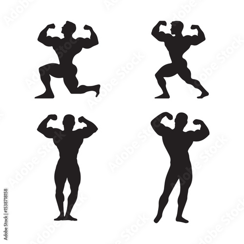 Bodybuilder silhouette poses set, strong male muscular figure flexing arms, ideal for fitness logos