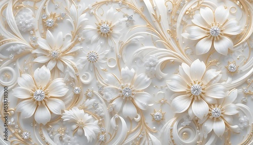 Elegant white flowers with gold accents and crystal embellishments in luxurious 3D style. Perfect for wedding decor, luxury branding, or background designs.