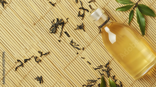 Japanese iced tea bottle mockup on tatami with bamboo and leaves for proje