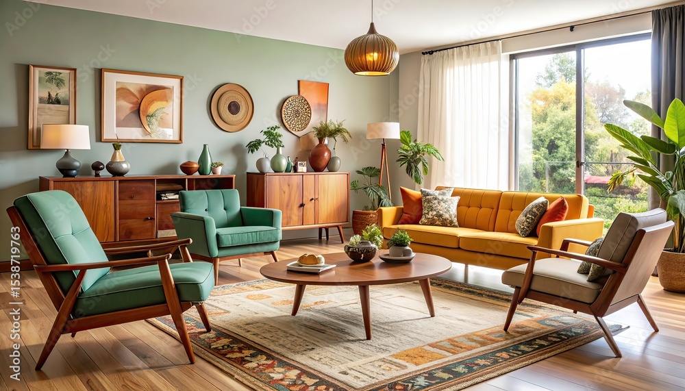 Fototapeta premium Boho Living Room Interior Design with Turquoise Sofa