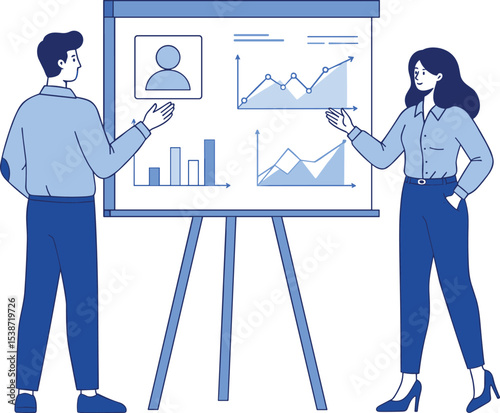 Collaborative business professionals delivering a powerful presentation, analyzing market data, showcasing financial trends, and strategizing for successful   flat vector illustration