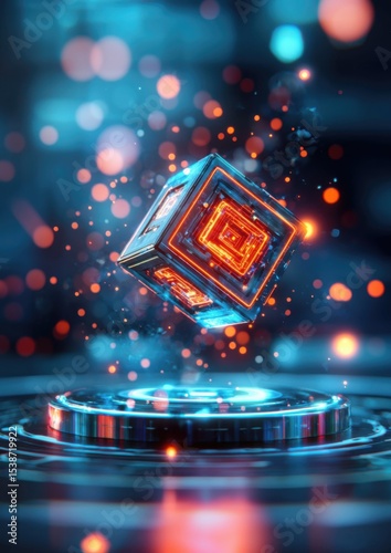 A glowing futuristic cube hovers above a circular platform, surrounded by vibrant particles and neon lights in a high-tech digital environment.